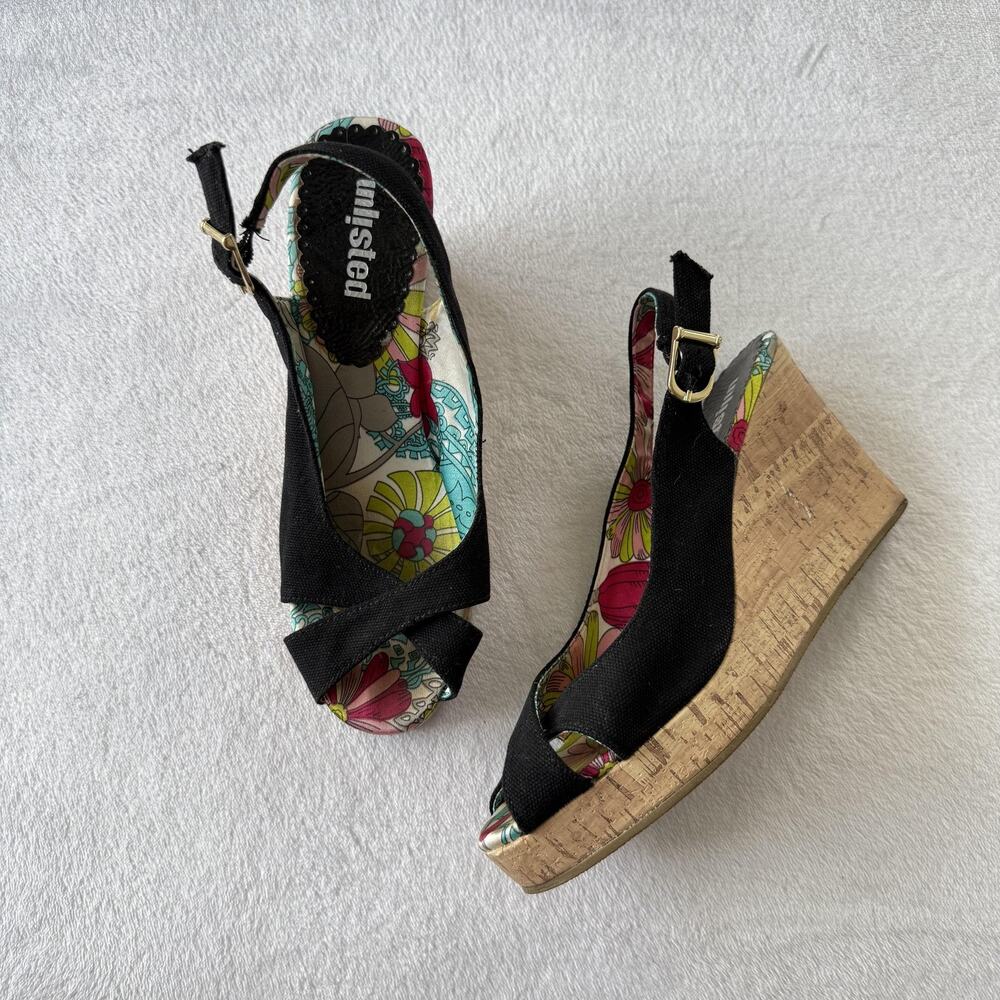 Twisted Wedge Sandals Womens Size 7 Black Slingback Peep Toe Cork Sea Lion